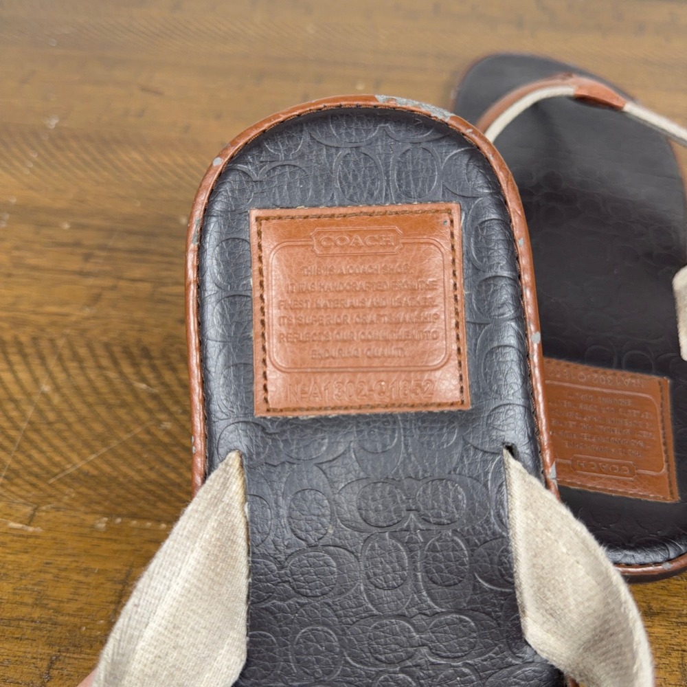 Coach Flip Flops Mens 13 Brown Leather‎ Canvas Signature Monogram Sandals - Picture 5 of 8